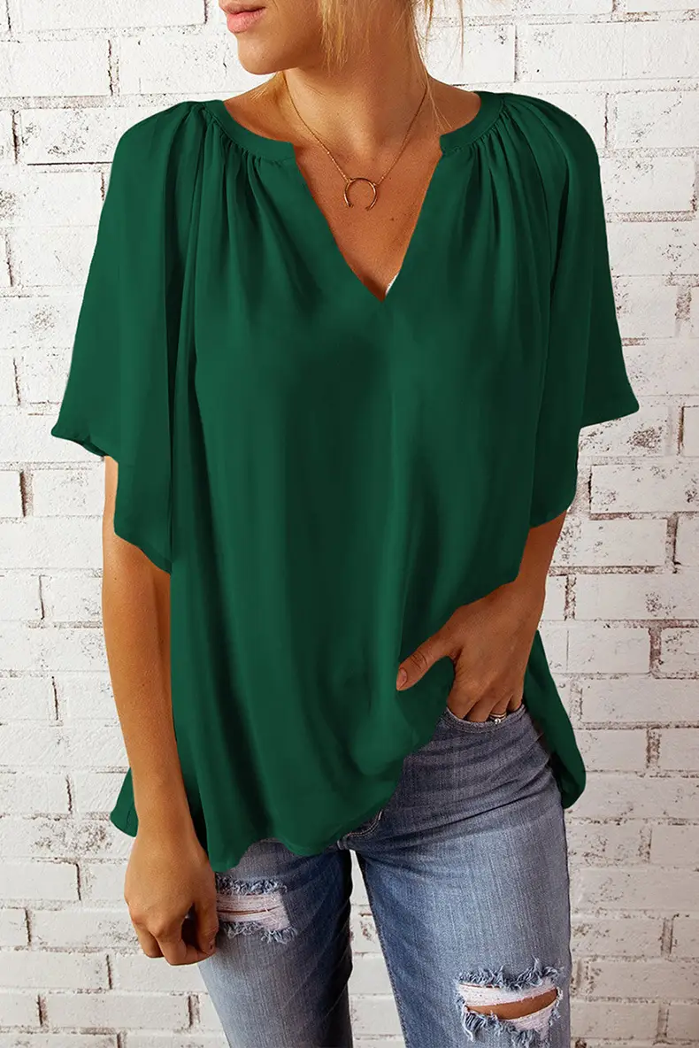 European American V-Neck Loose Sleeve T-Shirt Maroon — feature 68