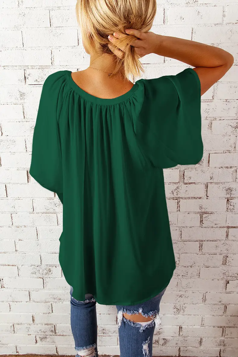 European American V-Neck Loose Sleeve T-Shirt Maroon — feature 69
