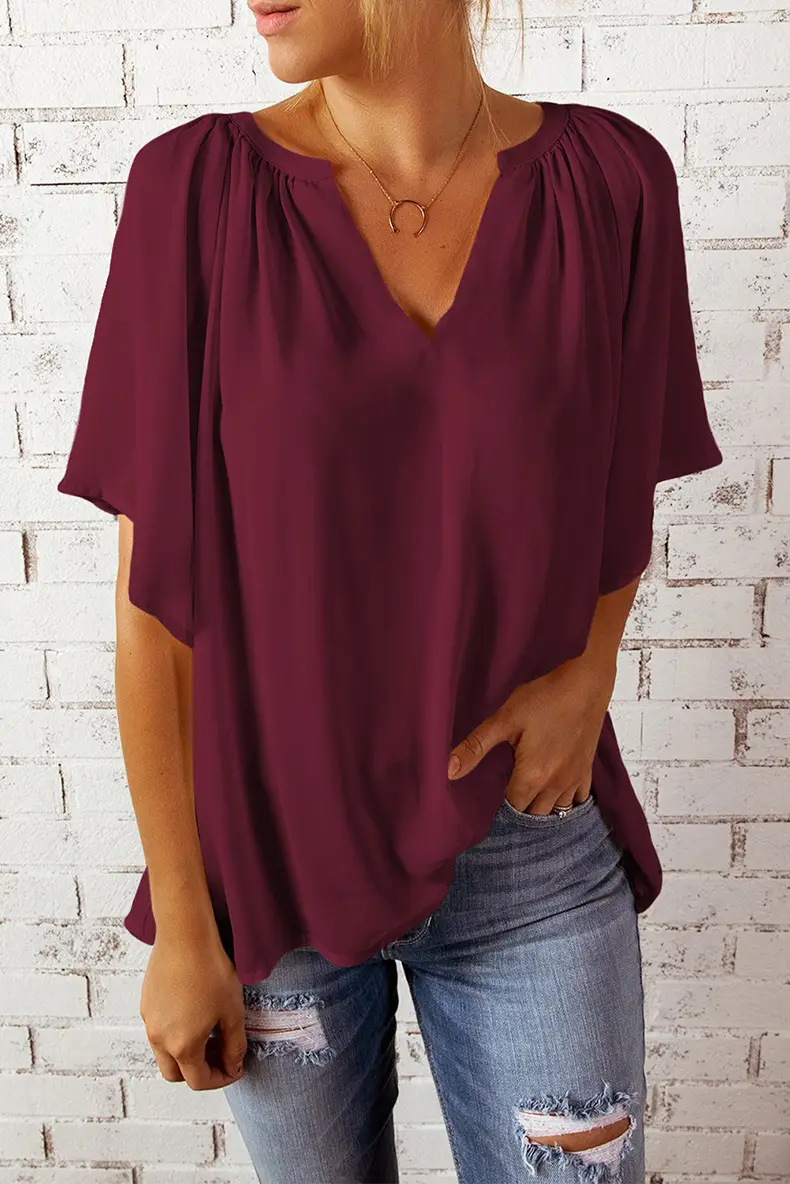 European American V-Neck Loose Sleeve T-Shirt Maroon