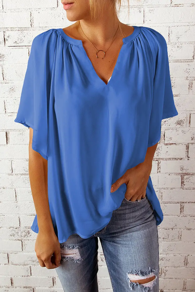 European American V-Neck Loose Sleeve T-Shirt Maroon
