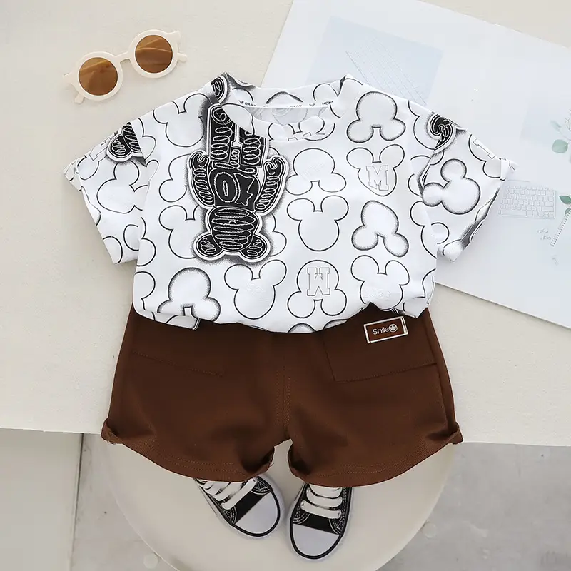 Boys 2Pc Printed T-Shirt Shorts Set Brown White Summer Wear - Image 3