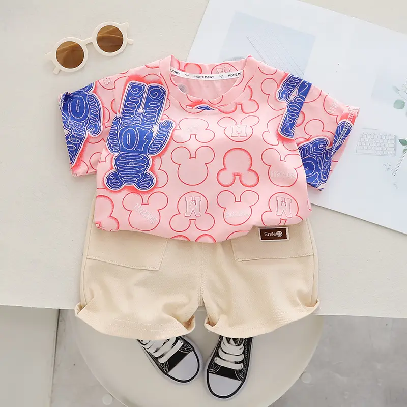 Boys 2Pc Printed T-Shirt Shorts Set Brown White Summer Wear - Image 2