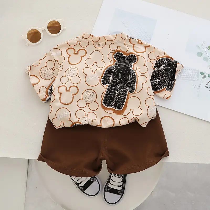 Boys 2Pc Printed T-Shirt Shorts Set Brown White Summer Wear — feature 6