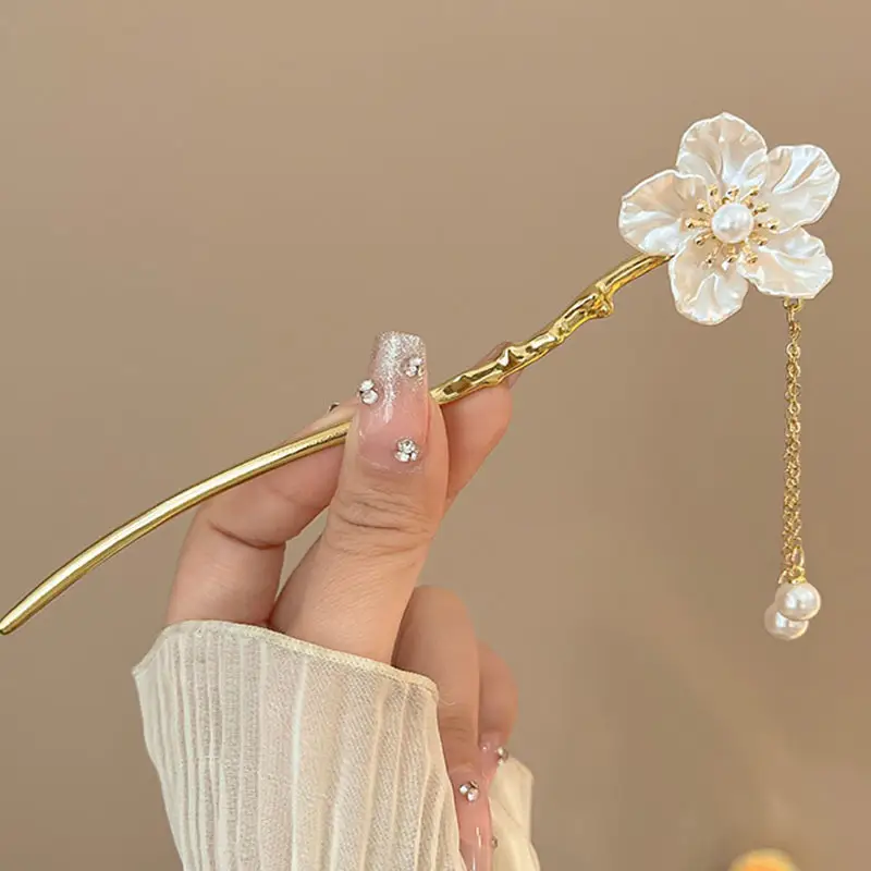 New Chinese Hibiscus Tassel Hairpin Antique Gold