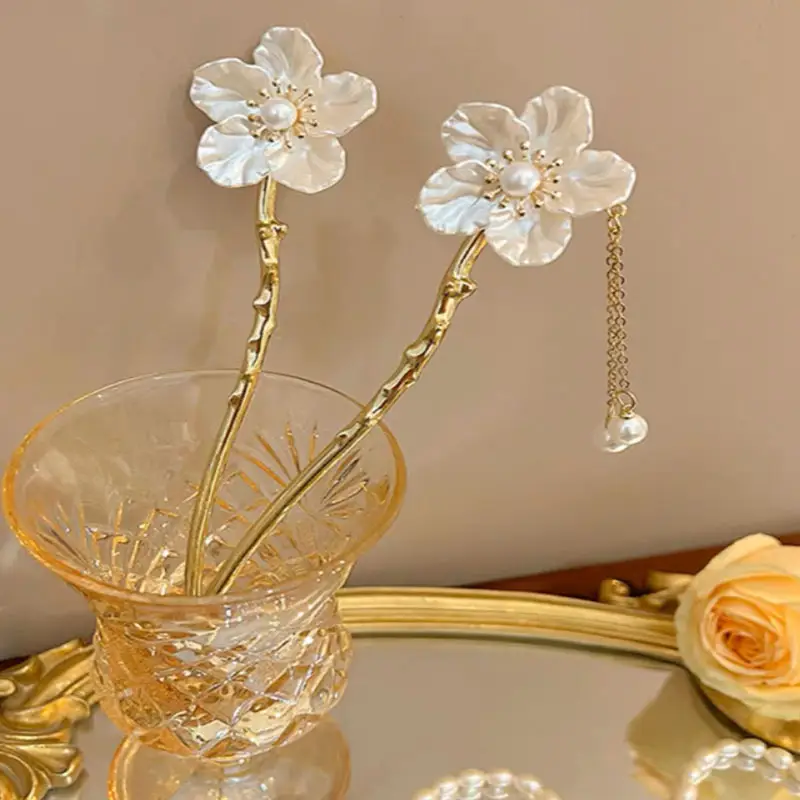 New Chinese Hibiscus Tassel Hairpin Antique Gold