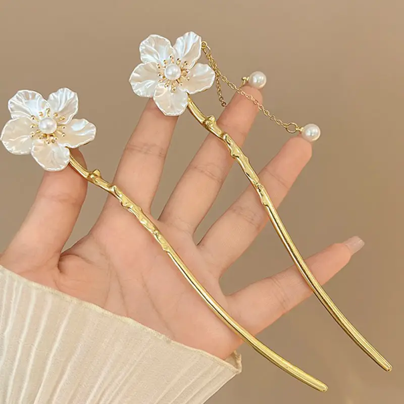 New Chinese Hibiscus Tassel Hairpin Antique Gold