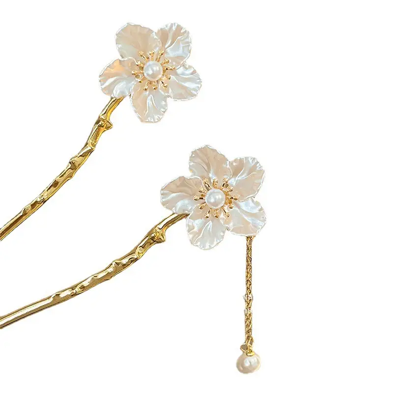 New Chinese Hibiscus Tassel Hairpin Antique Gold