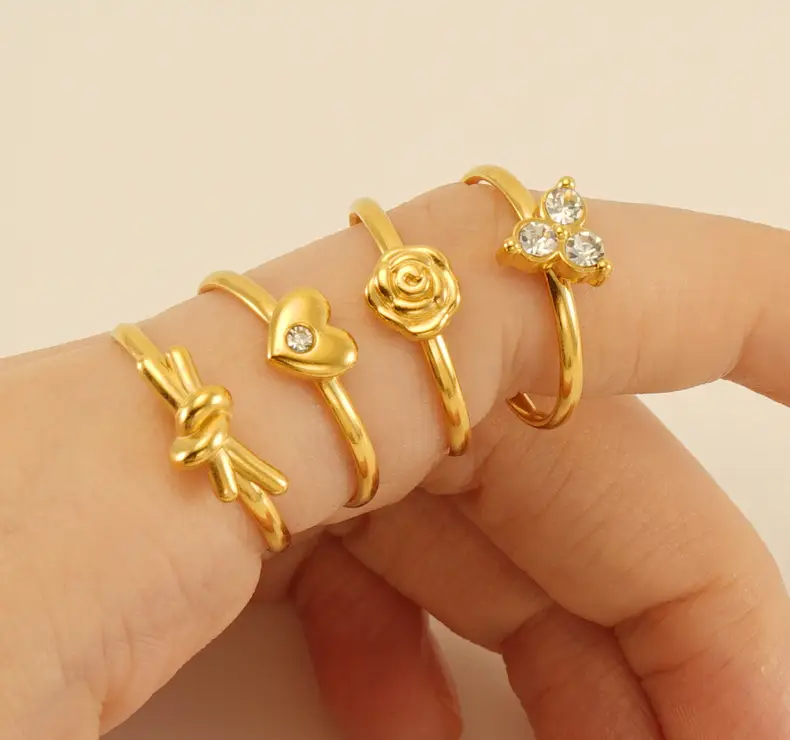 Stainless Steel Rose Zircon Ring Adjustable 18K Gold — feature 10