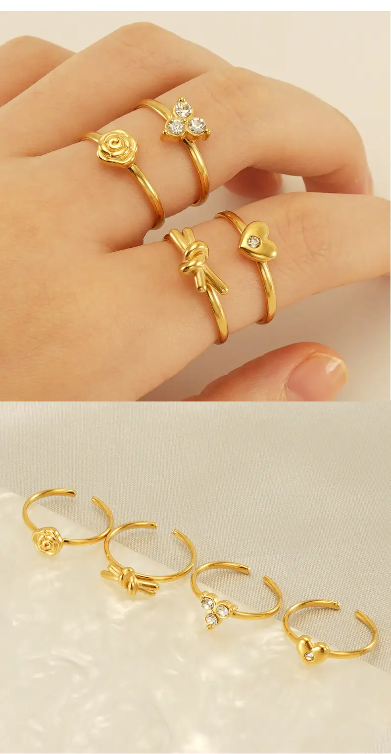 Stainless Steel Rose Zircon Ring Adjustable 18K Gold — feature 14