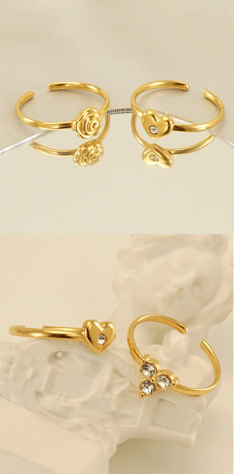 Stainless Steel Rose Zircon Ring Adjustable 18K Gold — feature 15