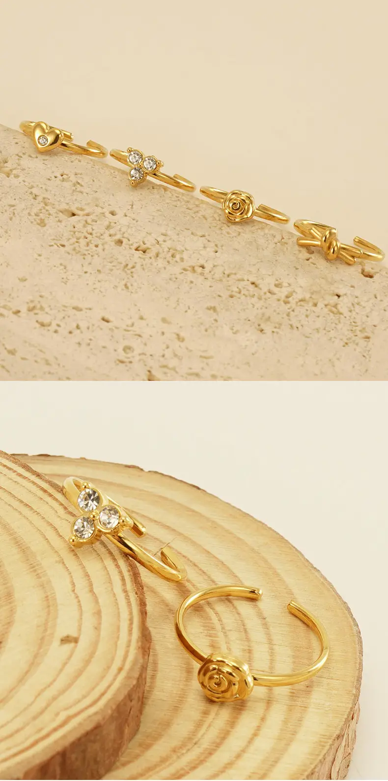Stainless Steel Rose Zircon Ring Adjustable 18K Gold — feature 16
