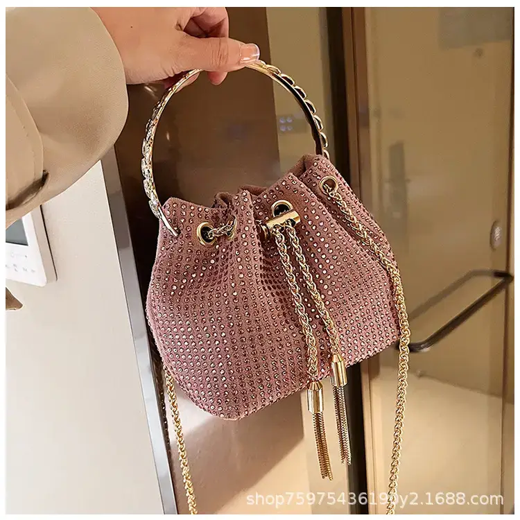 Pink Knitted Chain Bucket Bag for Women
