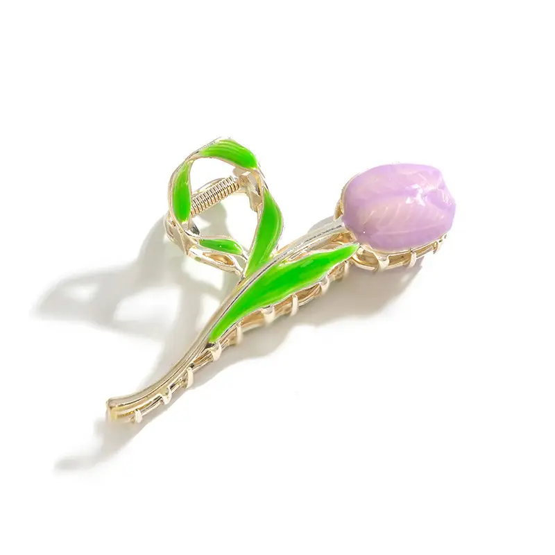 Golden Tulip Hairpin with Green Leaf Design - Image 2
