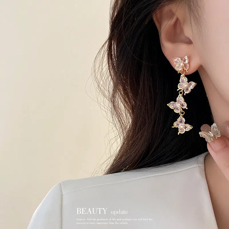 Silver Butterfly Earrings with Zircon Tassels - Image 4
