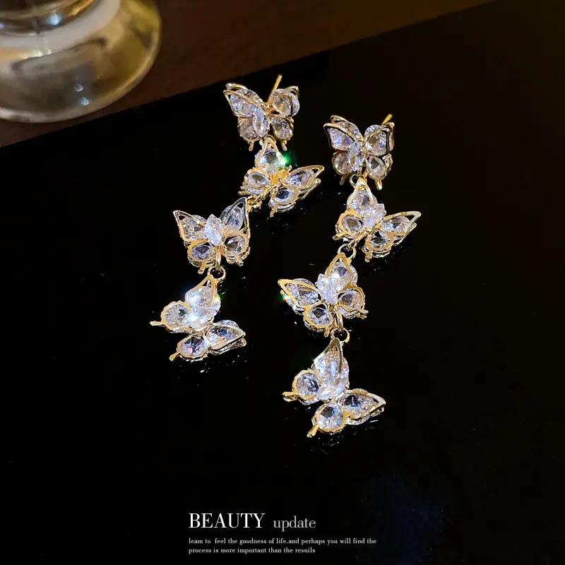 Silver Butterfly Earrings with Zircon Tassels - Image 5