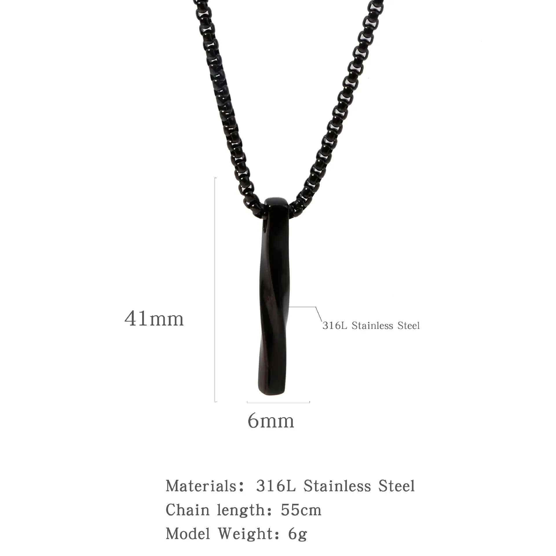 Men's Black Titanium Steel Pendant Necklace 6mm