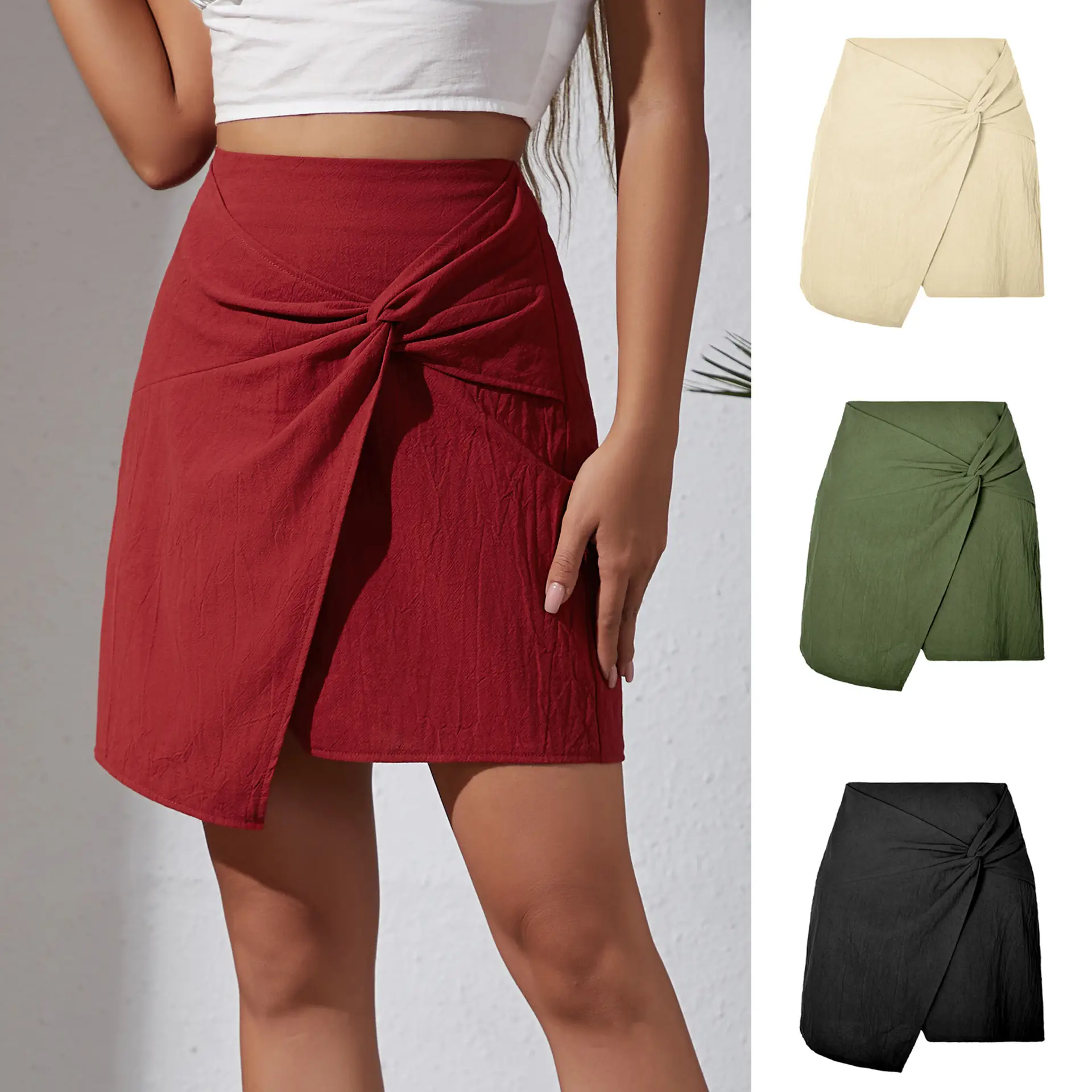 Women's Twisted High Waist Cotton Skirt Beige - Image 5