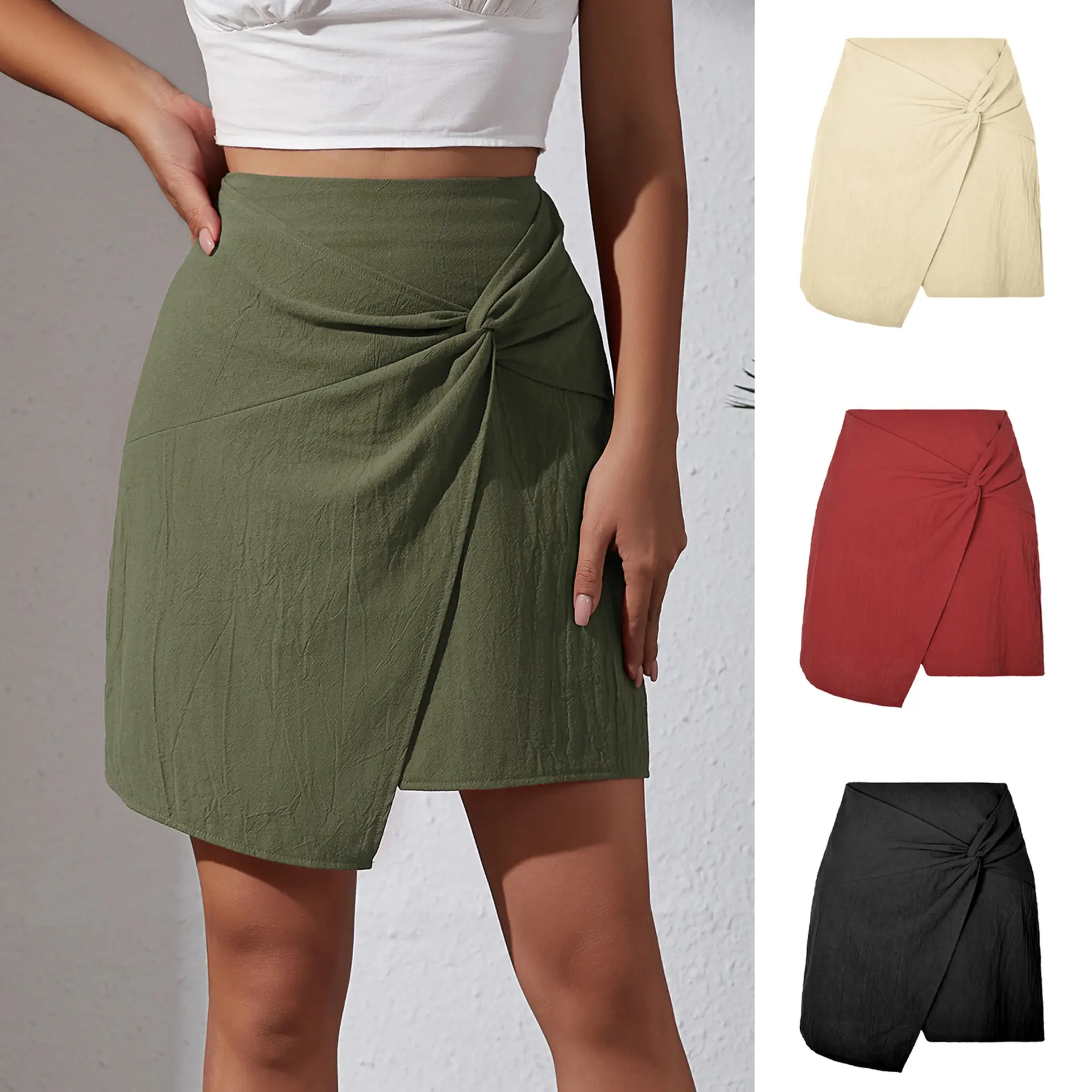 Women's Twisted High Waist Cotton Skirt Beige - Image 6