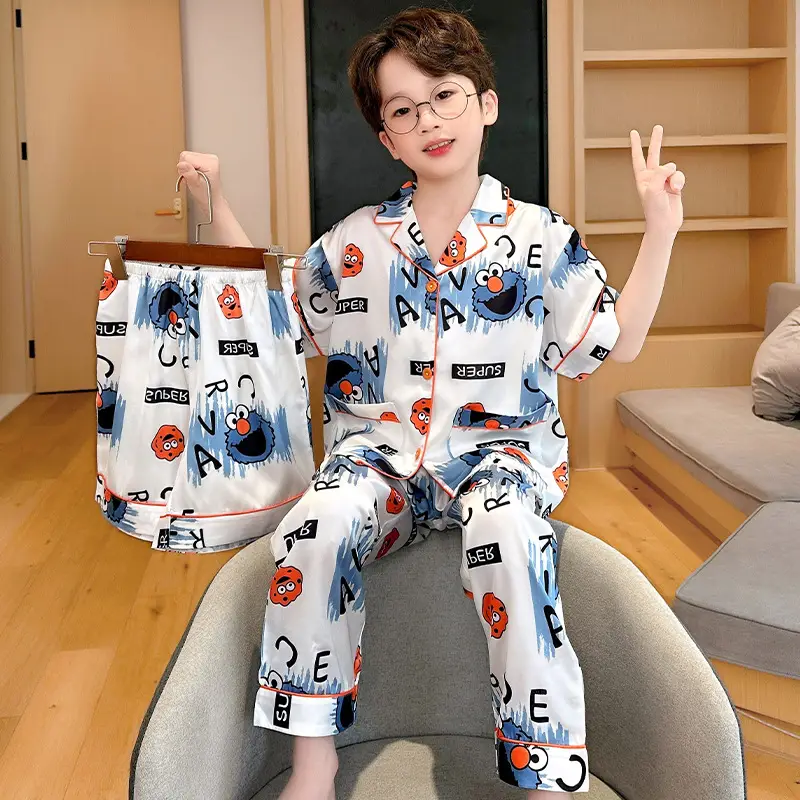 Boy's Summer Ice Silk Pajamas Set Large - Image 12