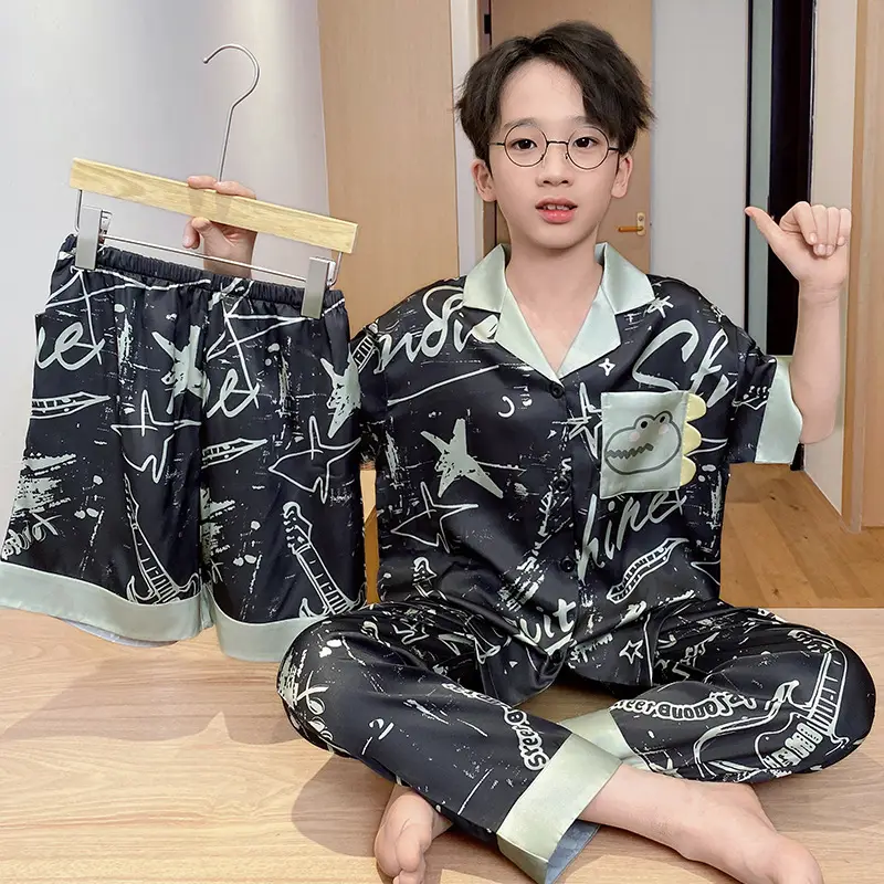 Boy's Summer Ice Silk Pajamas Set Large - Image 9