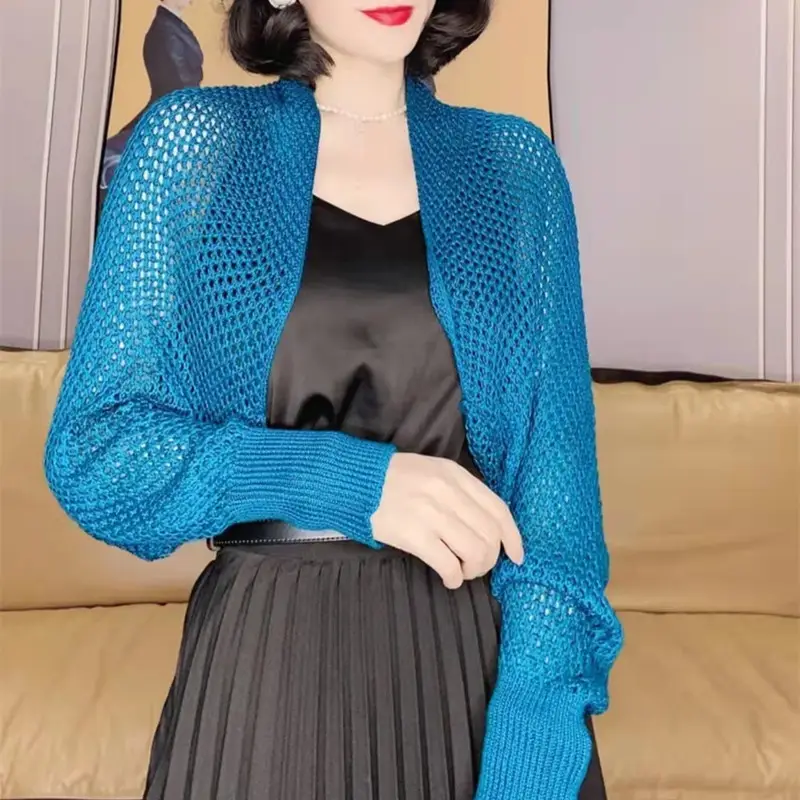2025 Summer Long Sleeve Cut Out Knitted Shawl Jacket Women - Image 2