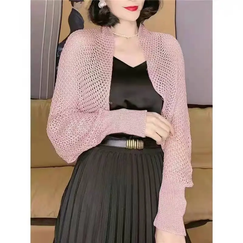 2025 Summer Long Sleeve Cut Out Knitted Shawl Jacket Women - Image 6