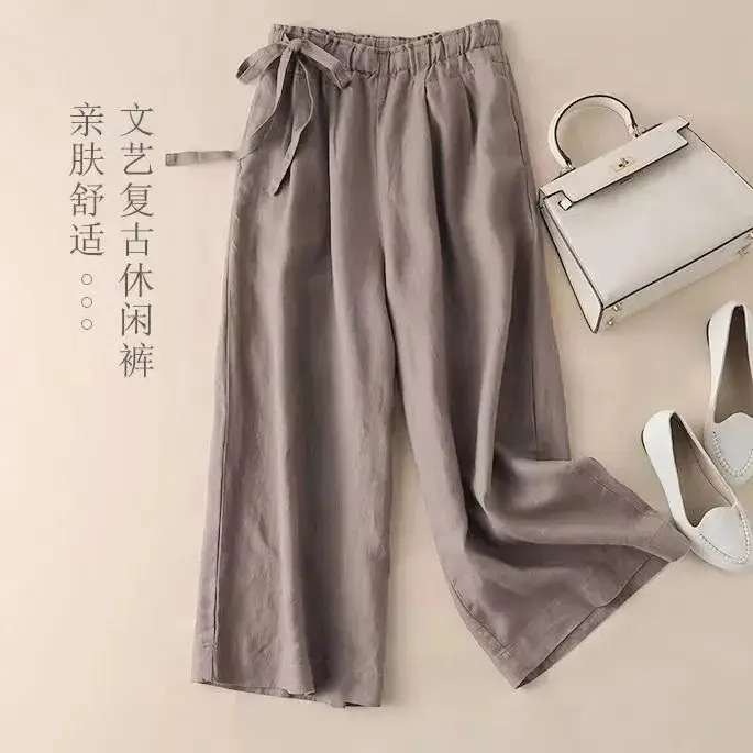 Women Cotton Linen Wide Leg Ankle Pants 2024 Spring Summer — feature 23