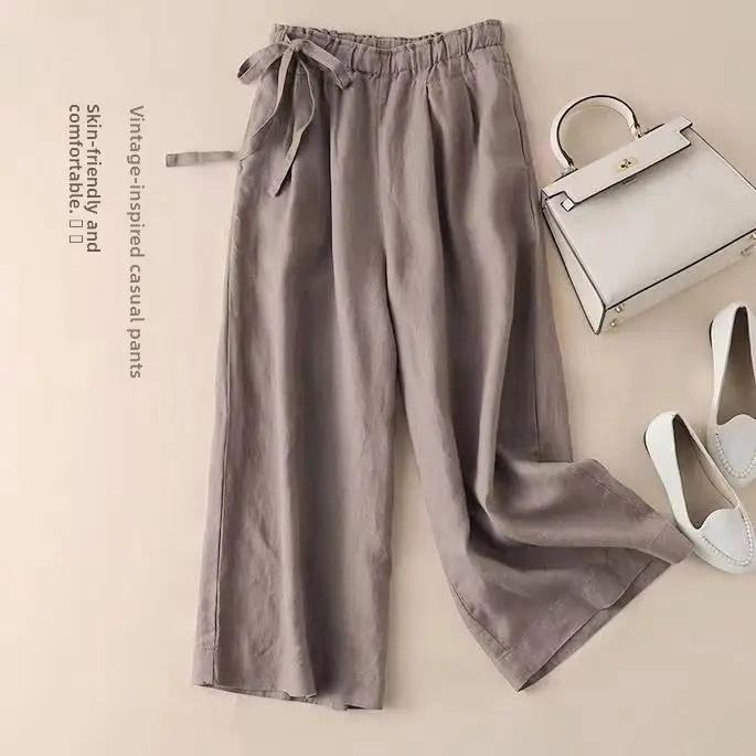 Women Cotton Linen Wide Leg Ankle Pants 2024 Spring Summer - Image 21