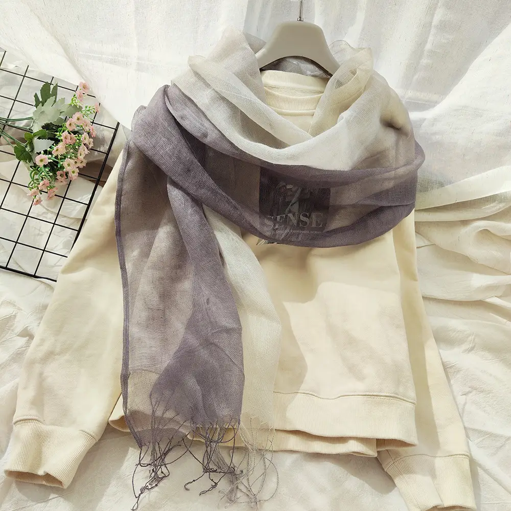 Blue Linen Gradual Color Scarf for Women - Image 5