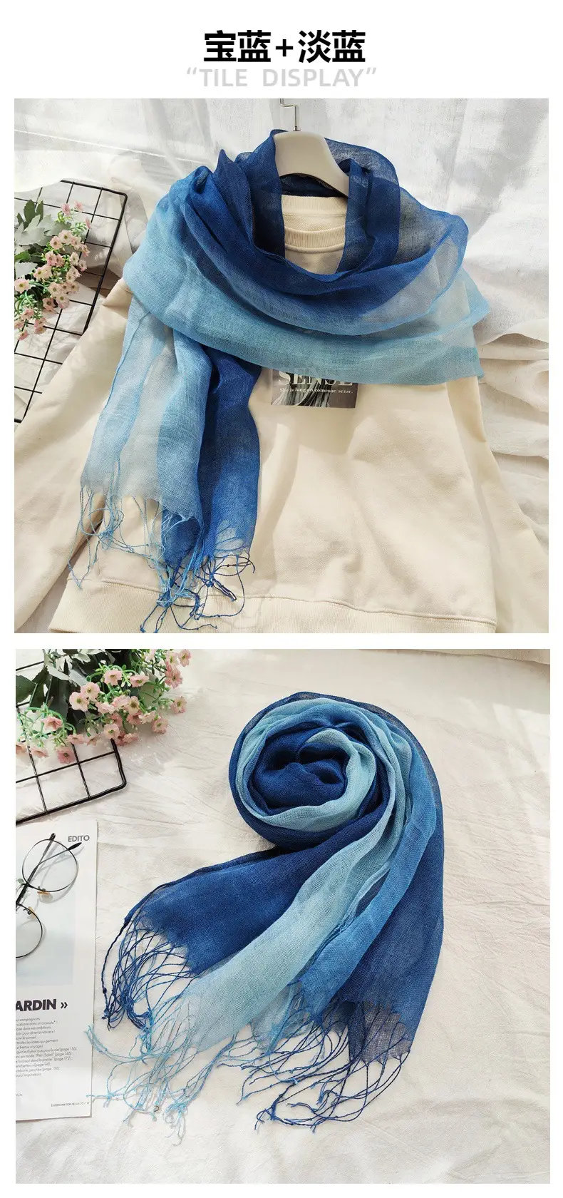 Blue Linen Gradual Color Scarf for Women — feature 3