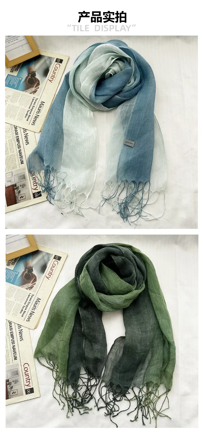 Blue Linen Gradual Color Scarf for Women — feature 5