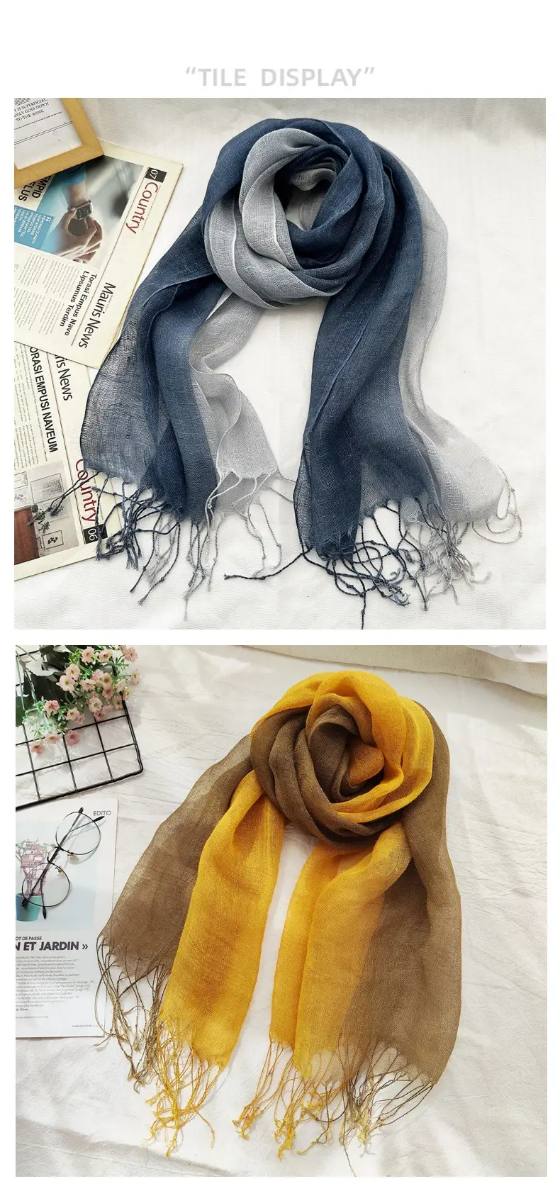 Blue Linen Gradual Color Scarf for Women — feature 6