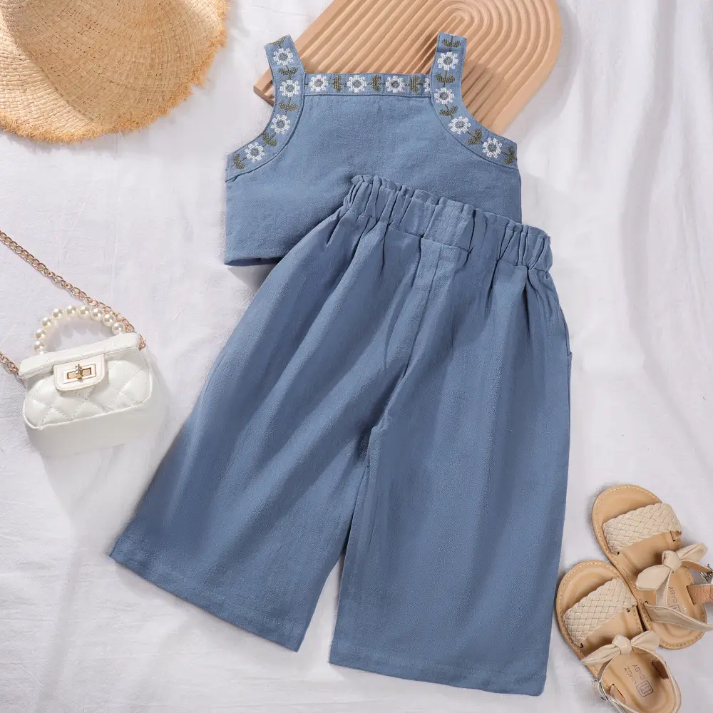 Girls Blue Denim Sleeveless Suit Wide Leg Pants Two Piece Set — feature 13