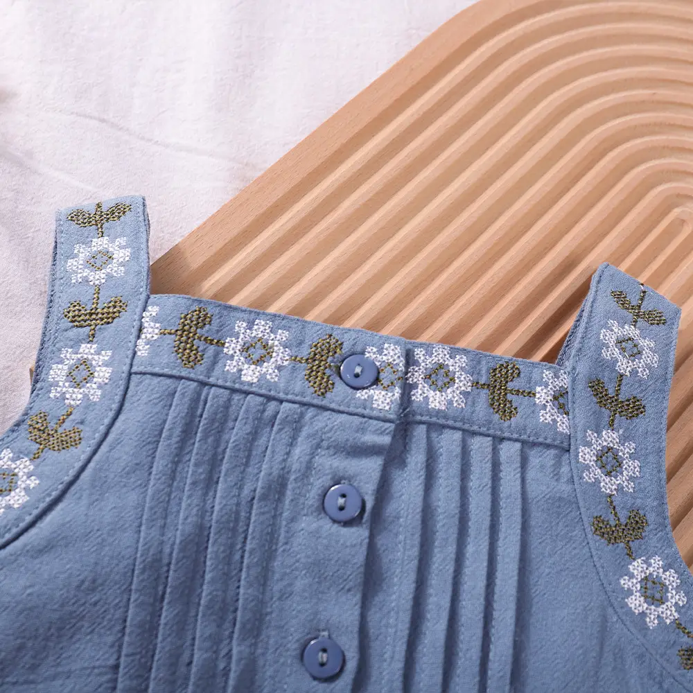 Girls Blue Denim Sleeveless Suit Wide Leg Pants Two Piece Set — feature 14