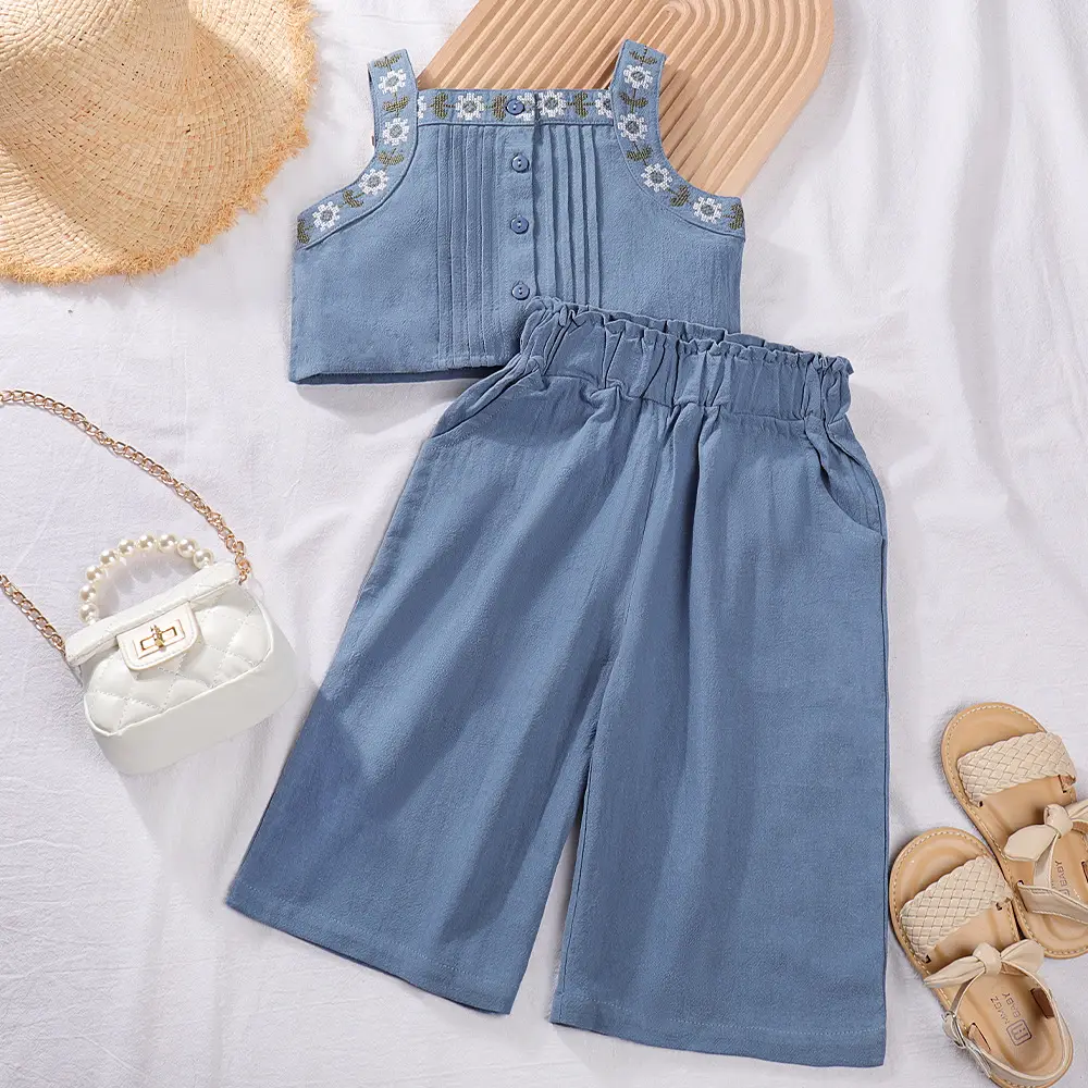 Girls Blue Denim Sleeveless Suit Wide Leg Pants Two Piece Set - Image 2