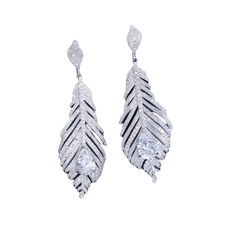 Silver Feather Earrings with Diamond Zircon High-End Fashion - Image 5