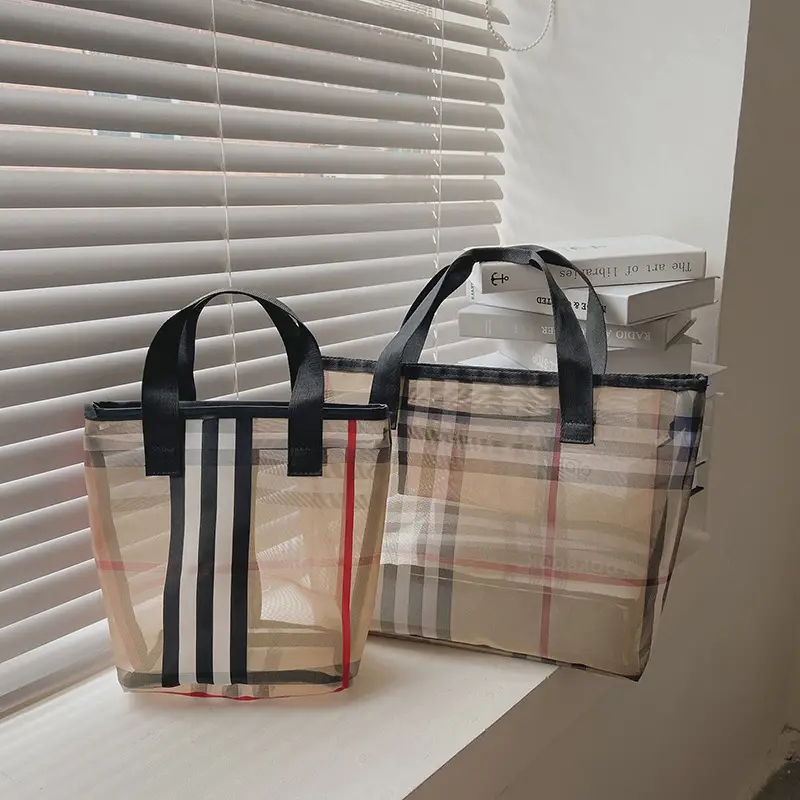 2023 Transparent Plaid Mesh Handbag Travel Shopping