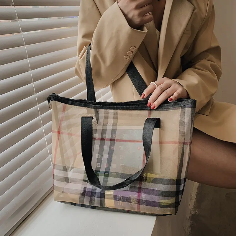 2023 Transparent Plaid Mesh Handbag Travel Shopping
