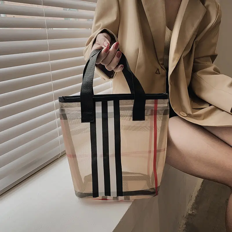 2023 Transparent Plaid Mesh Handbag Travel Shopping