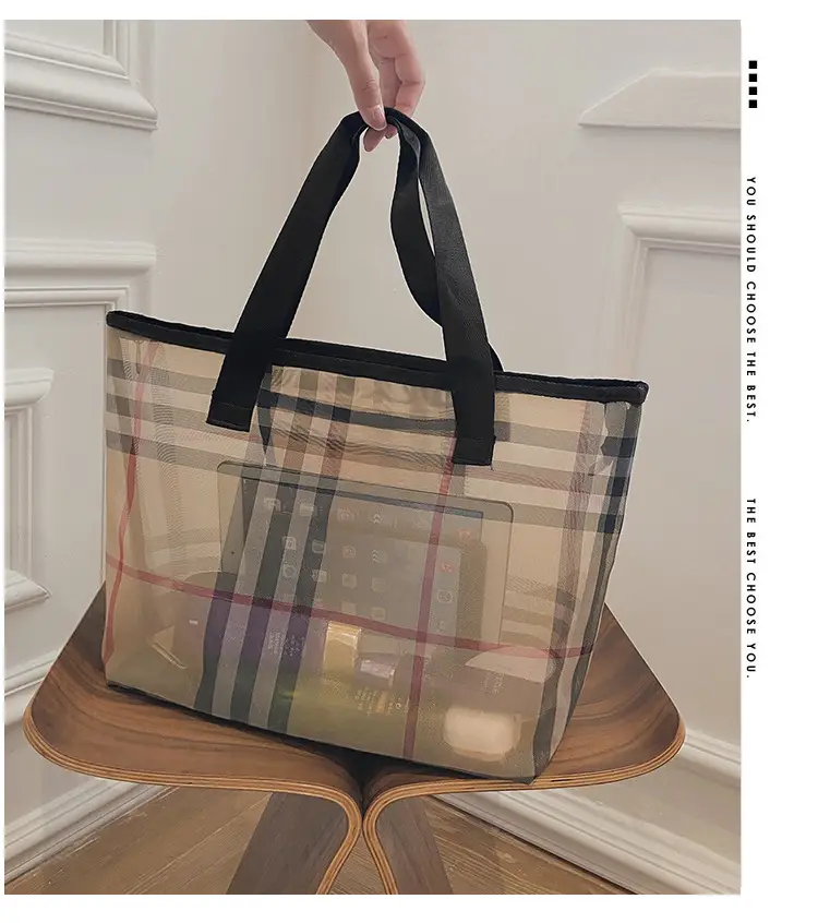 2023 Transparent Plaid Mesh Handbag Travel Shopping — feature 1