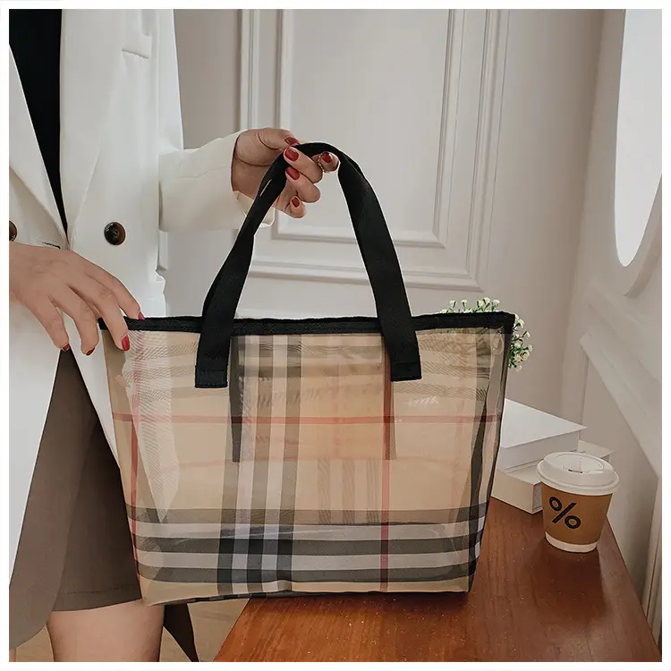 2023 Transparent Plaid Mesh Handbag Travel Shopping — feature 15