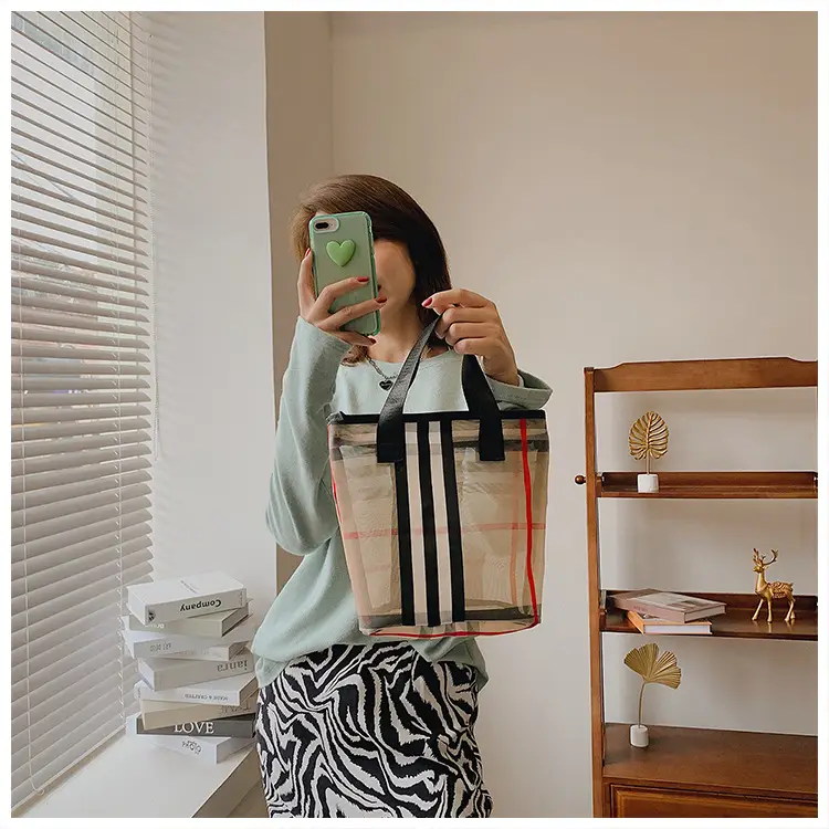 2023 Transparent Plaid Mesh Handbag Travel Shopping — feature 17
