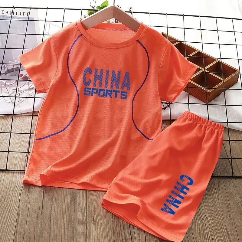 Children China Sports Ice Silk Shorts Set Orange - Image 7