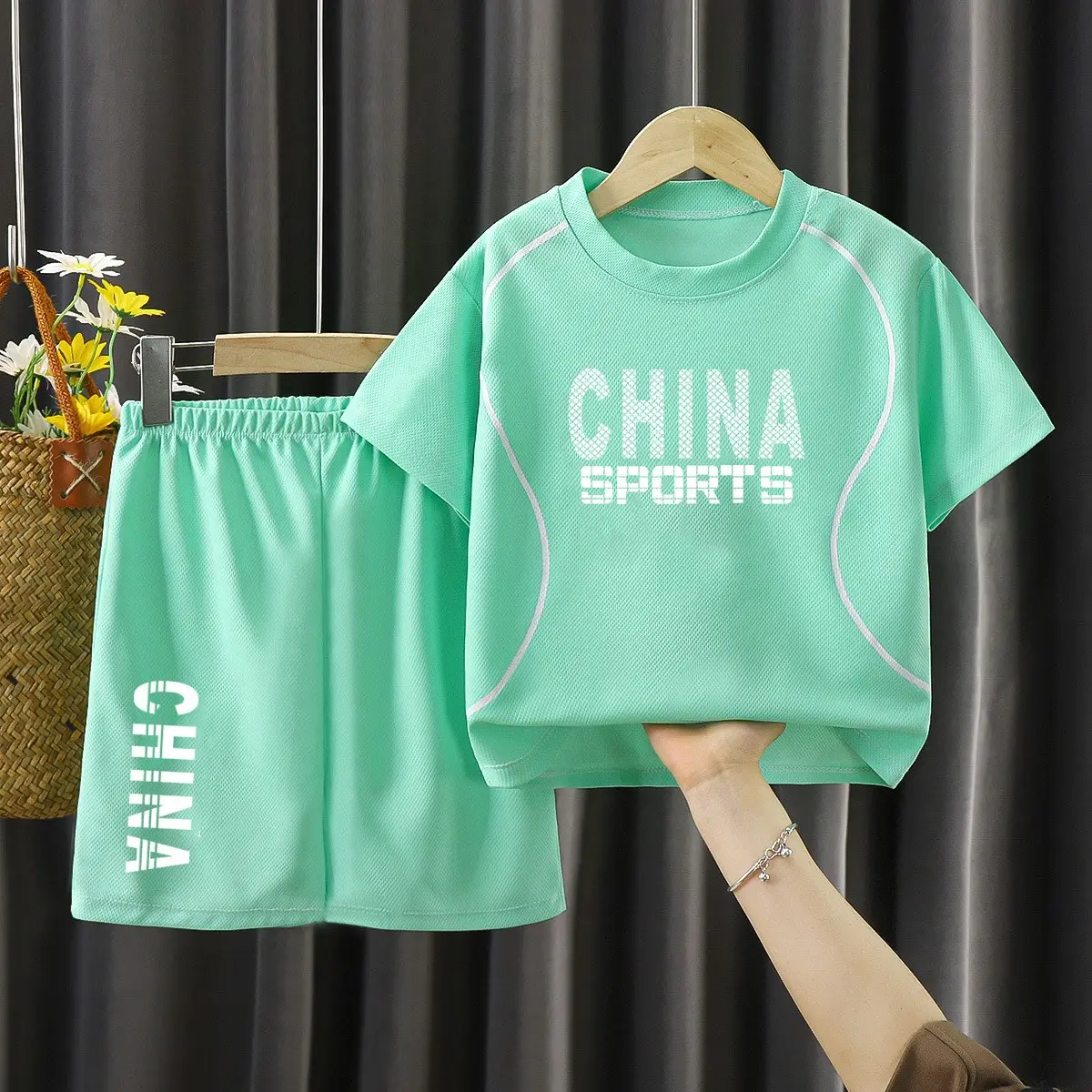 Children China Sports Ice Silk Shorts Set Orange - Image 9