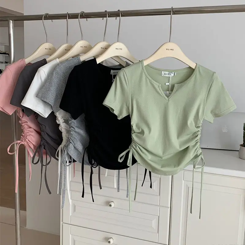 Women V-Neck Drawstring T-Shirt Summer 2025