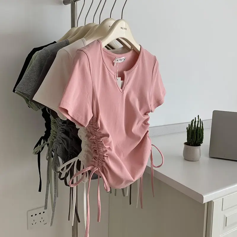 Women V-Neck Drawstring T-Shirt Summer 2025