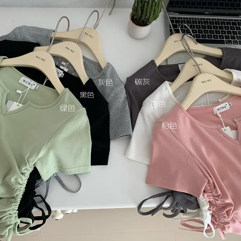 Women V-Neck Drawstring T-Shirt Summer 2025