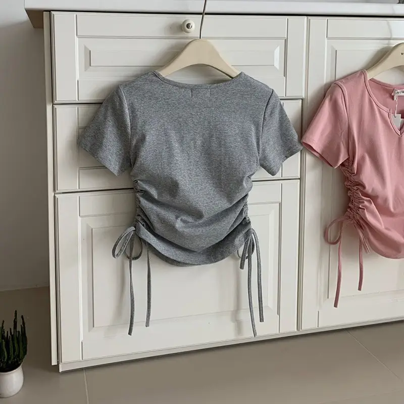 Women V-Neck Drawstring T-Shirt Summer 2025