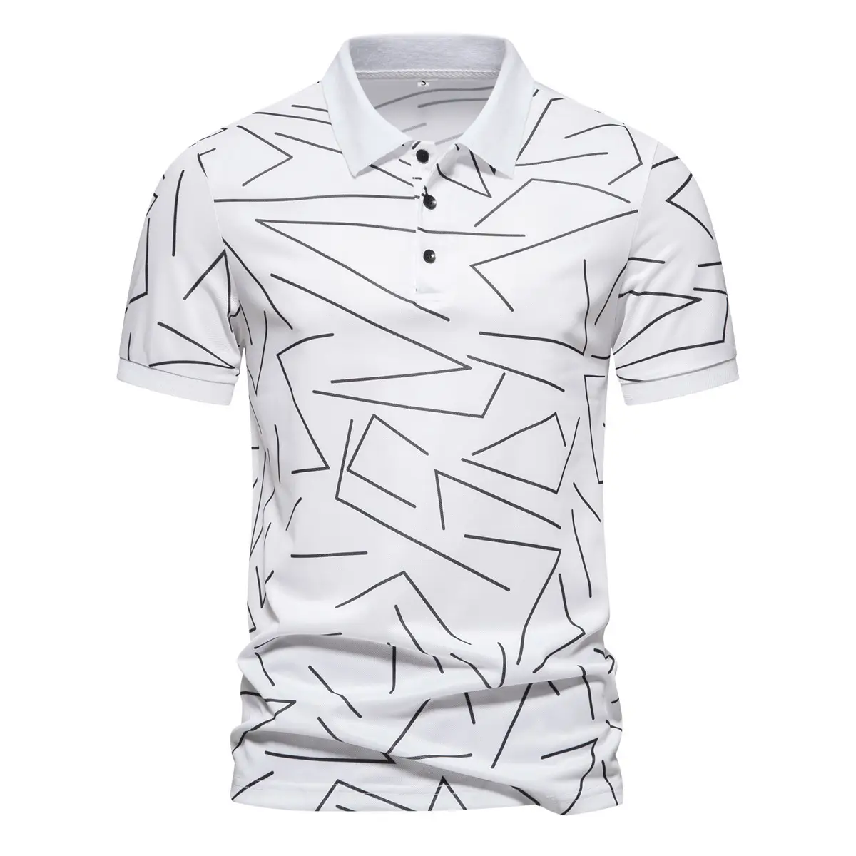 Men's Black White Line Graphic Polo Shirt Short Sleeve - Image 6