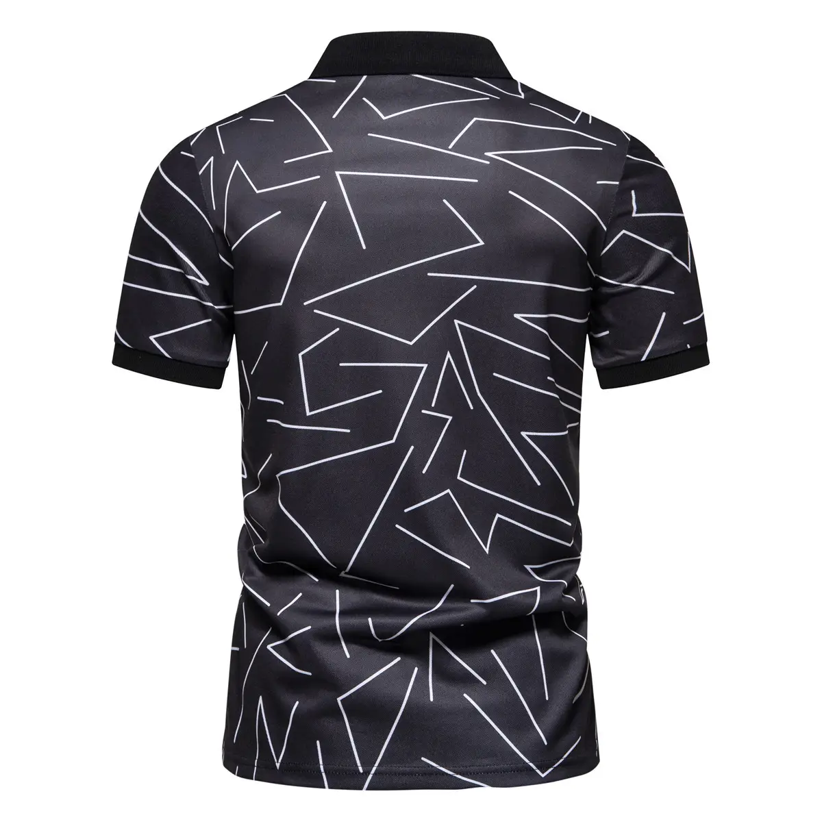 Men's Black White Line Graphic Polo Shirt Short Sleeve - Image 7